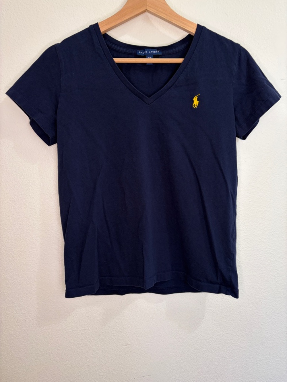 Ralph Lauren Navy Cotton V-Neck Tee with Yellow Pony Logo